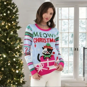No Boundaries Damen Ugly Christmas Pullover Meowy Katze Urlaub Strick Top Pailletten - Bild 1 von 11
