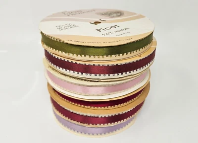Lot 6 Spools VTG Lion Satin Acetate Craft 3/8" Picot Ribbon Spools Size # 1-1/2 - Image 1 of 3