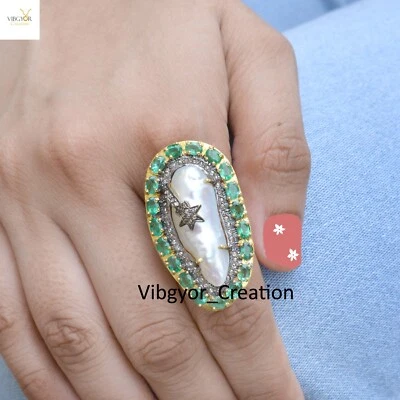 Pave Diamond Emerald Ring Pearl Jewelry 925 Sterling Silver Gold Plated Ring - Image 1 of 4