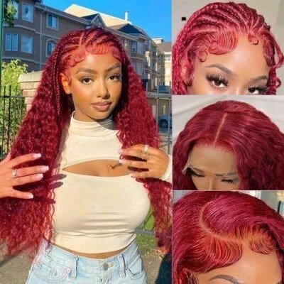13x4 99j Burgundy Lace Frontal Wigs Deep Wave Human Hair Pre Plucked With Gifts - Image 1 of 4