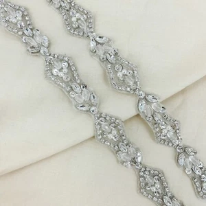 Bridal Sash Trim Rhinestone Crystal Clear Silver Beaded with Pearls Art Deco - Picture 1 of 2