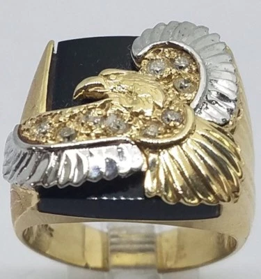 Sale GOLd 14k solid Eagle mens men ring  black tri gift him size 8 ask 6 7 9 10 - Image 1 of 4