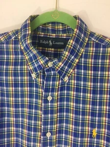 Ralph Lauren Shirt Large Mens Blue Plaid Button Down 100% Cotton Yellow Pony - Picture 1 of 8