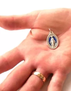 Miraculous 7/8" x 5/8" Silver Tone / Blue Medal - Picture 1 of 4
