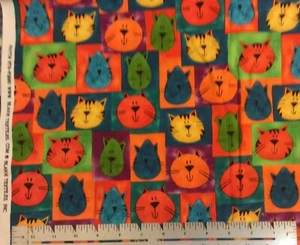 Blank Textiles Neon Cat Faces Cotton Fabric 1 Yard - Picture 1 of 1