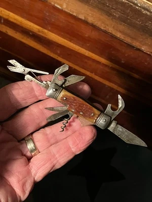 Vtg 2-3/8” JAPAN Multi-8-blade Stag Handles Folding Pocket Knife w/ Corkscrew- - Image 1 of 4