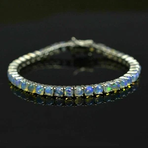 Natural Ethiopian Opal Gemstone 925 Sterling Silver Tennis Bracelet S788 - Picture 1 of 4