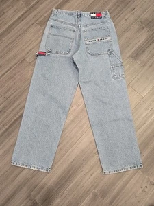 Vintage Tommy Hilfiger Carpenter Jeans Big Flag 32x32 Blue Denim Pants Baggy Y2K - Picture 1 of 12