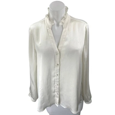 Vince Camuto White Silk Satin Ruffle Long Sleeve Button Down Shirt Top Size M - Image 1 of 4