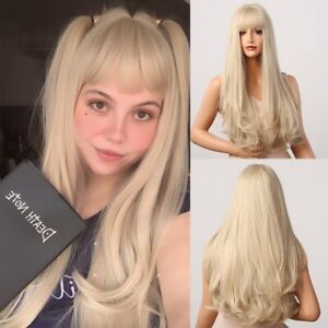 Long Natural Wavy Platinum Blonde Wigs with Bangs Cosplay Party Lolita Synthetic