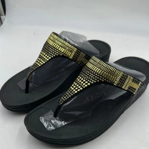 Fitflop Strobe Luxe Toe-Thong Sandals / Size 8 Micro Black Gold - Picture 1 of 2