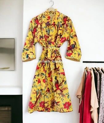 Chaqueta Larga Bata de Terciopelo Baniano Estampado Pájaro Amarillo Kimono Algodón Terciopelo Foto 1 de 4