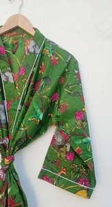Indian Green Cotton Animal Printed Kimono Bath Robe Night Maxi Gown Kimono Robes - Picture 1 of 3