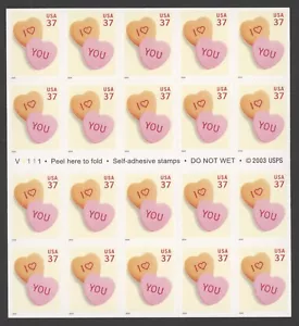 2004 US Scott #3833a 37 cent Love Candy Hearts Complete Booklet of 20 MNH - Picture 1 of 2
