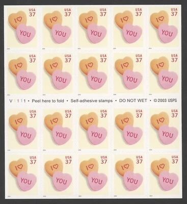 2004 US Scott #3833a 37 cent Love Candy Hearts Complete Booklet of 20 MNH - Image 1 of 2