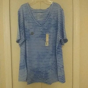 Terra & Sky blau gestreiftes T-Shirt mit gekerbtem Ausschnitt neu mit Etikett Größe 2X - Bild 1 von 5