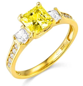 2.5 Ct Princess Cut Canary Real Solid 14K Yellow Gold 3 Three Stone Wedding Ring - Picture 1 of 3