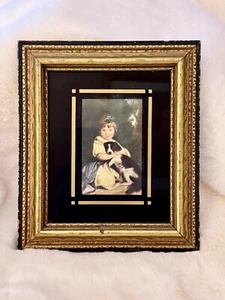 Antique Picture Young Girl With Blue Ribbon Sitting holding Dog Framed Print - Picture 1 of 11