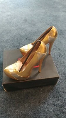 BEBE 2B Platform Heels, Gold & Silver Cobra Snakeskin, size 7, EC - Image 1 of 4