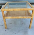 Vintage Square Coffee Table Bamboo Rattan Wicker Glass Top Boho Tiki Retro