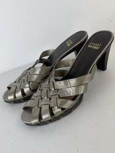 Stuart Weitzman Leather Pewter Studded Peep toe Sandals Platform Mules Y2k 90s - Picture 1 of 11