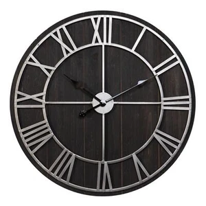 Large Wooden Wall Clock Round Silver Metal Roman Numerals 70cm Rustic MDF - Picture 1 of 2