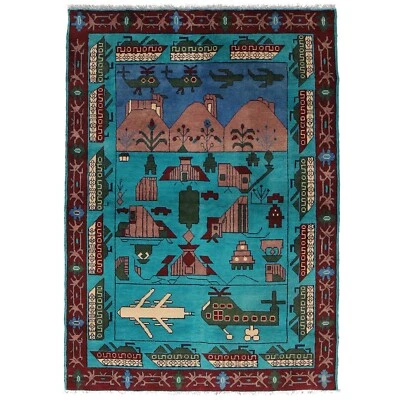 Blue Handmade Traditional Double Knott War Helicopter Tank Rug 4x6ft Rug -B30664 - Image 1 of 4