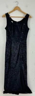 Vintage 1990s Contempo Casuals Velvet Maxi Dress Black Thigh Slit Size 5 - Image 1 of 4