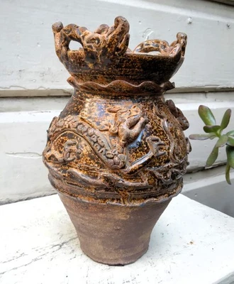 Precioso jarrón/frasco antiguo chino esculpido dragones moteado marrón esmaltado Foto 1 de 4