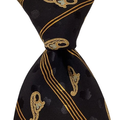 BRIONI Mens 100% Silk Necktie ITALY Luxury PAISLEY STRIPED Black/Gold/Orange EUC - image 1 of 3