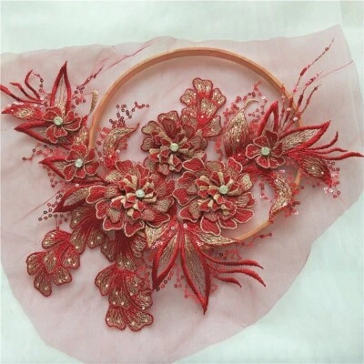 Embroidery Lace Applique 3D Sequin Patch DIY Wedding Dress Sewing Trimming Craft - Image 1 of 4