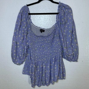 Eloquii Plus Size 28 Blue Floral Square Neck Top Smocked Puff Sleeves Peplum - Picture 1 of 10