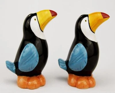 2 pc SET of CERAMIC SALT & PEPPER SHAKERS, appr. 2.9" x 3.6", 2 TOUCANS by ESH - Image 1 of 4