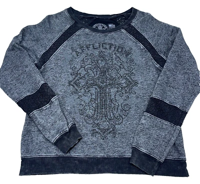 Sudadera Affliction Mujer Grande Gris Negra Cuello Redondo Suéter Gótico Punk Cruz Foto 1 de 4