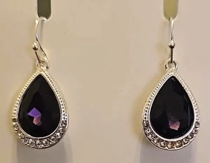 Avon Silver Tone Teardrop Purple/Clear Faux Stone Earrings - Picture 1 of 4