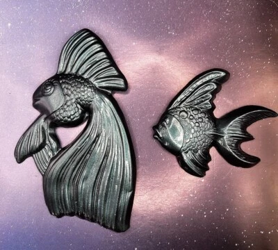 Vtg Pair MCM Ceramic Fish Wall Hanging Decor Iridescent Blue Green Turquoise - Image 1 of 4