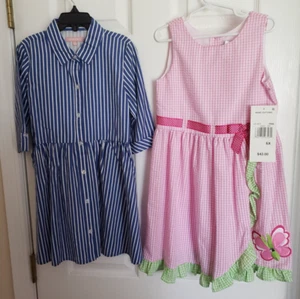 Set of 2 Girls Summer Dresses Lot - Blue 100% Cotton & Pink Mixed - Size 6 - Picture 1 of 11