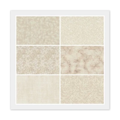 Lot of 6 Fat Quarters, BEIGE WHITE on NATURAL, Quilting Cotton Fabric Bundle - Image 1 of 4