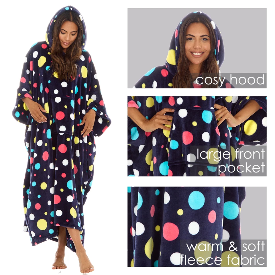 Womens Ladies Longline Fleece Hoodie Blanket Full Length Oversize Navy Dotted UK - Изображение 1 из 1