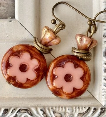 Bronze and Dusty Rose Flower Picasso Bead Earrings. Boho Chic. Bloom. - Image 1 of 3
