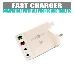 4x FAST Home Charger USB-A 4XUSB Mains 3 Pin Type-C Plug Adapter Charging Phone - Picture 1 of 16