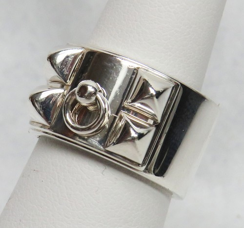 HERMÈS AUTENTICO ANELLO HERMES ARGENTO STERLING COLLIER DE CHIEN 12mm TAGLIA 53