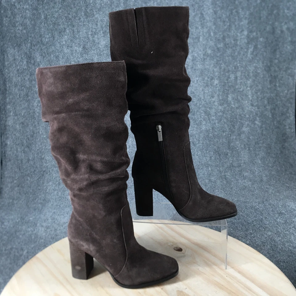 Великолепные ботинки женщин 7,5 М Gloria высокий сутулиться коричневый кожаный стороны молнии блок каблуки - Изображение 1 из 4