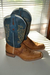 Vintage JB Dillon Men Brown Blue Hornback Western Cowboy Leather Boots Sz 12D - Picture 1 of 16