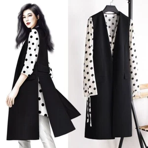 Women Waistcoat Suit Vest Windbreaker Long Sleeveless Jacket Ladies Trench Coat - Picture 1 of 8