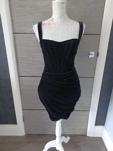 Ladies BooHoo Black Velvet Strappy Corset Mini Dress UK 6 BNWT - Picture 1 of 6