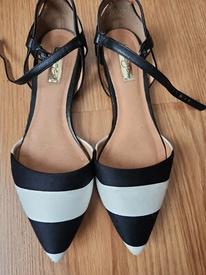 HALOGEN BLACK Striped Pointed Toe Flat Ankle Strap Sandal  Size 8 - Image 1 of 4