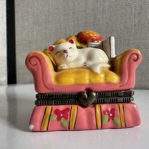 Sleepy Cat Porcelain Trinket Box with Mini Prize inside - Picture 1 of 13