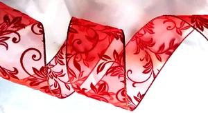 Weihnachten Weinrot Arabeske beflockt durchsichtig 2,5" x 5 Yard verdrahtetes Band schöne Blumen - Bild 1 von 10