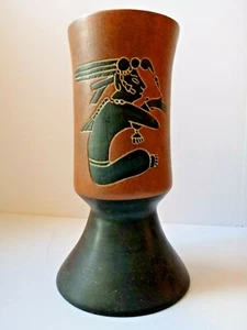 Terra Cotta Mexican Folk Art Hand Painted Carved Round Cylinder Vase - Picture 1 of 9